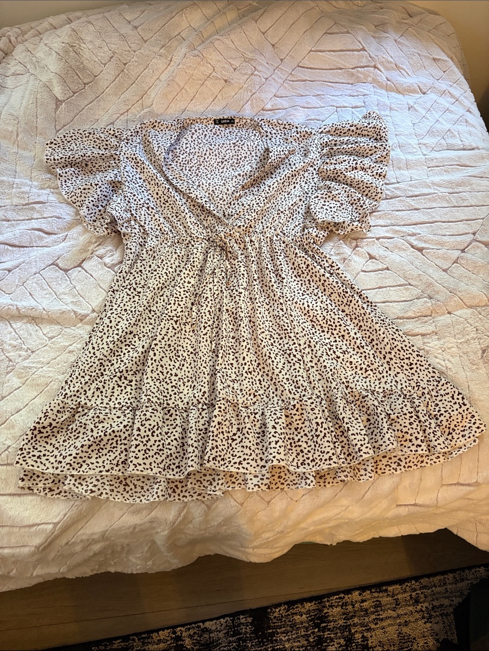 SHEIN White Ruffle Mini Dress with Black Leopard Print